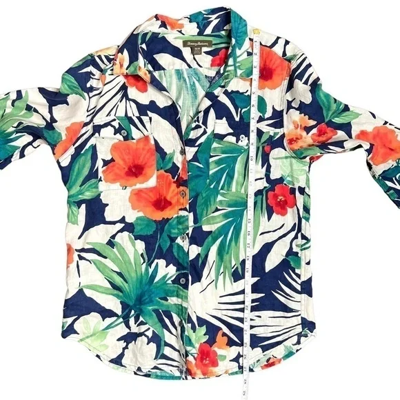 Tommy Bahama Victoria Bloom Floral Tropical Long Sleeve Palm Leaf Blouse Medium - Picture 12 of 13